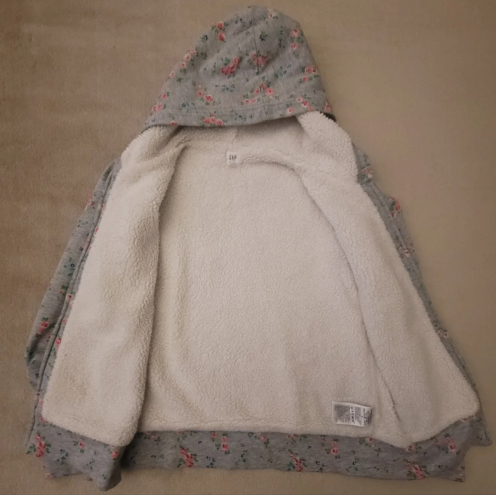 Gap Girl Floral Gray Sherpa Lined Hoodie Size XXL (14-16)